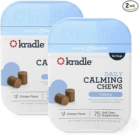 Kradle Calming Chews for Dogs - Anxiety and Stress Support - L-Theanine Ashwagandha GABA - Calming Supplement for Relaxation and Stress - Chicken Flavor- 150 Non-Drowsy Chews