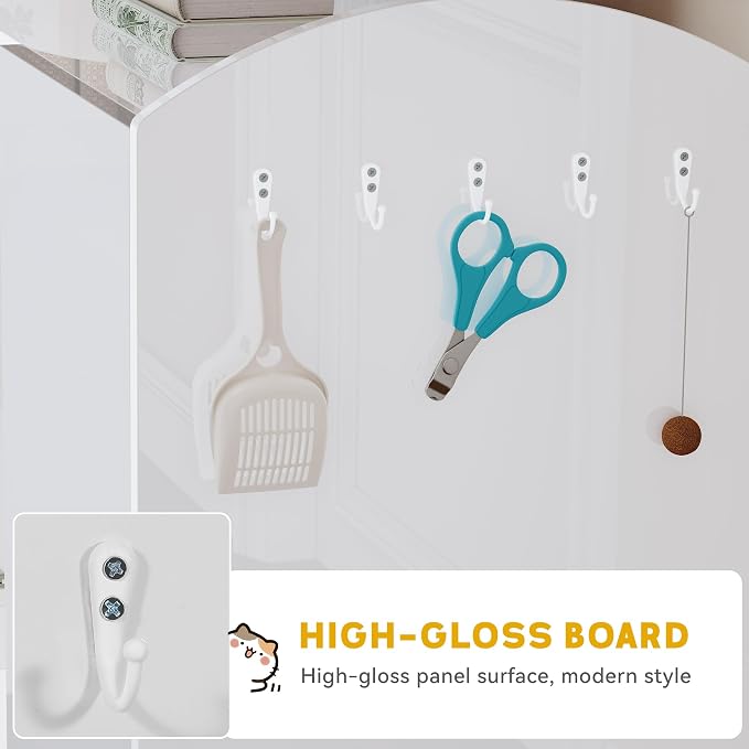 DWVO Large Hidden Litter Box Furniture with Hooks, Modern Cat Litters Box Enclosure for M/L/XL Litter Boxes, Wooden Secret Cat Cabinet, High-Gloss White