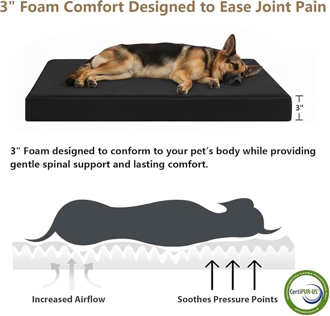 RRPETHOME 4" Indestructible Chew Proof Dog Beds for Aggressive Chewers,Durable Waterproof Fabic Chew Resistant Crate Dog Bed for Puppy Teething & Active Dog, Orthopedic Egg Foam（Black 42x30x4）