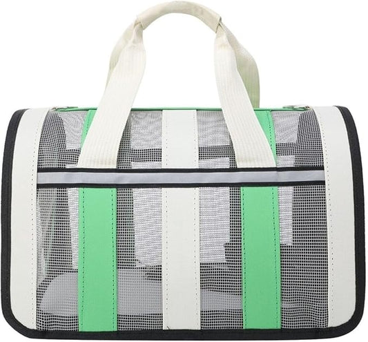 Handheld Foldable Single-Shoulder Dog Bag Large Capacity Cat Four-Season Outdoor Pet Mesh Breathable Portable Backpack(Grassgreen and White,S)