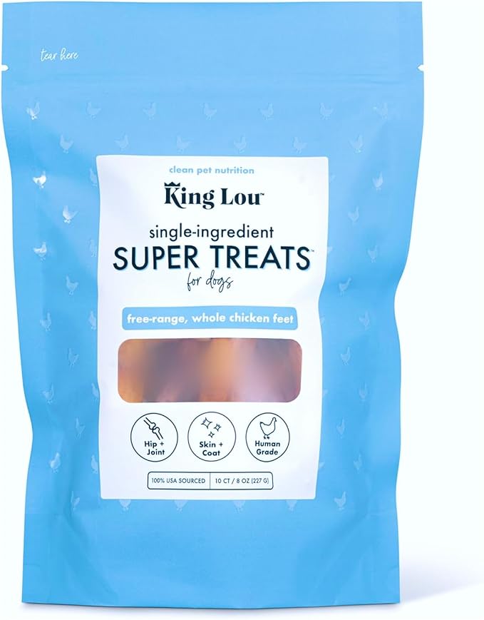 King Lou Pets Whole Chicken Feet for Dogs, Single-Ingredient USA-Made Dehydrated Chicken Treats, Human-Grade Crunchy Dental Chews for Dogs Hip & Joint Support, 10 Count