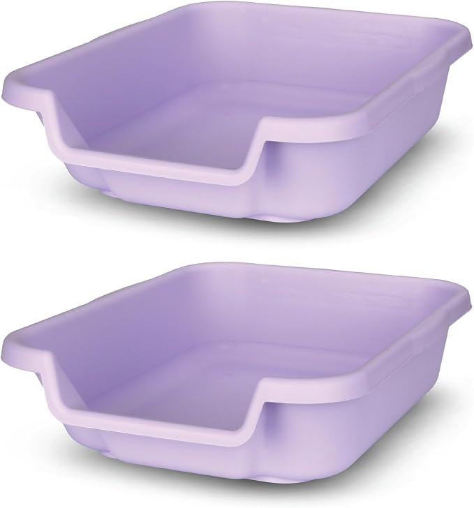 KittyGoHere Senior Cat Litter Box 2 Pack, Small Storybook Lavender Low Entrance Kitty Litter Box Sized for Cats Comfort, Perfect for Senior & Arthritic Cats, Made in USA