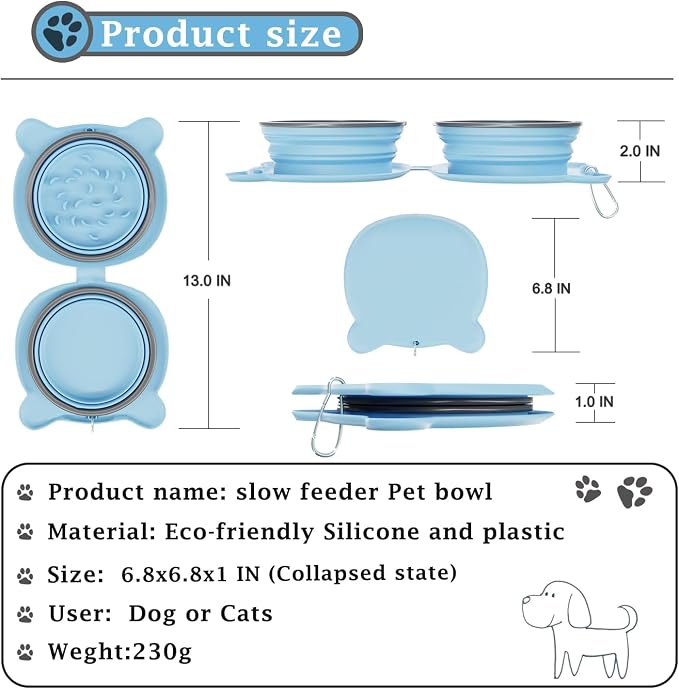Dog Bowls Pet Collapsible Bowl Slow Feeder Outdoor, Dog Travel Bowls Portable Foldable Cat Water Dish Bowl for Pets Walking Parking Camping (Blue(Two Bowl Slow Feeder))