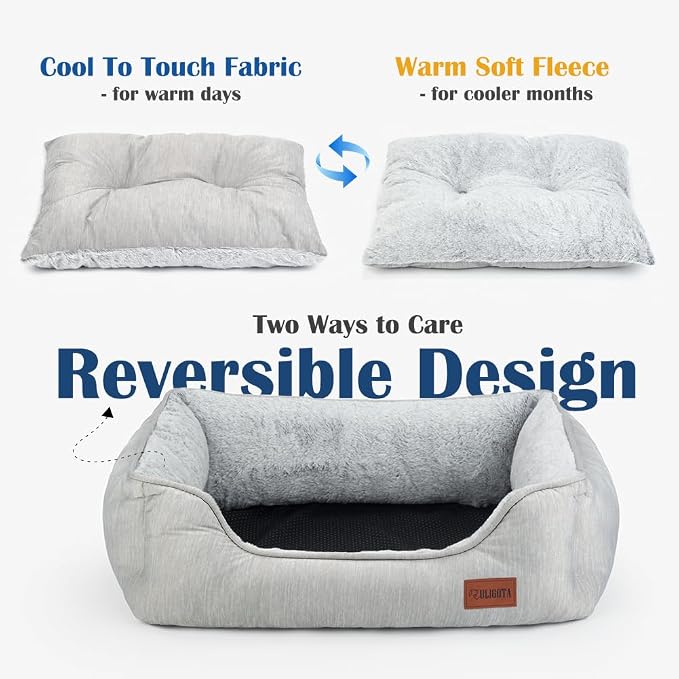 Dog Bed for Large Medium Dogs with Cool to Touch Fabric， Soft Calming Cat Beds for Indoor Cats， Reversible Square Pet Bed for Puppy, Machine Washable Non-Slip Bottom L