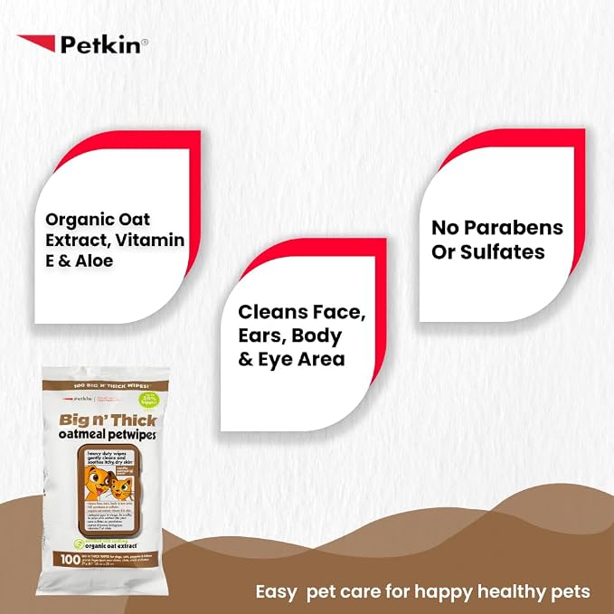 Petkin Pet Wipes for Dogs and Cats, Oatmeal, 100 Wipes (Large) for Dogs and Cats - Soothes Itchy Dry Skin and Cleans Ears, Face, Butt, Body and Eye Area - Idea for Home and Travel