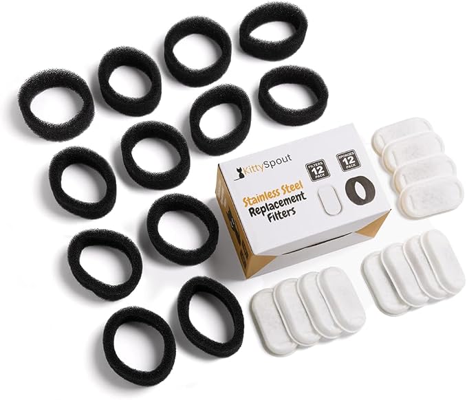 KittySpout Cat Water Fountain Filters for 108oz/3.2L… (6 Month Supply: 12 Filters & 12 Sponges)