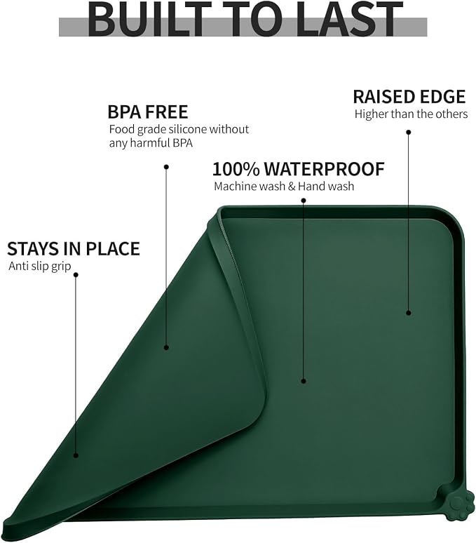 Reopet Silicone Pet Feeding Mat - Waterproof & Non-Slip Dog Cat Placemat | High Raised Edges Prevent Food & Water Spills to Protect Floors, Easy to Clean, Fit for Dog Cat Bowls