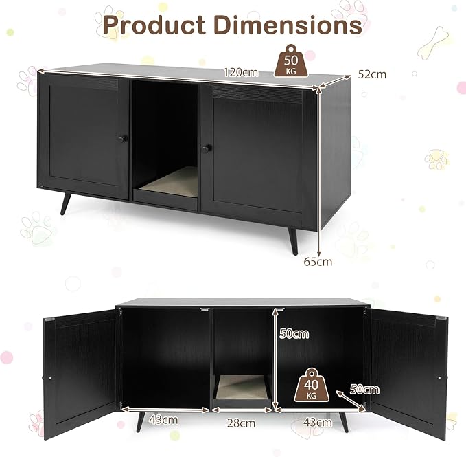 Tangkula Double Cat Litter Box Enclosure, Large Hidden Wooden Cat Cabinet for 2 Cats with Scratching Pad, Double Rooms, Versatile TV Stand Side Table for Indoor Living Room