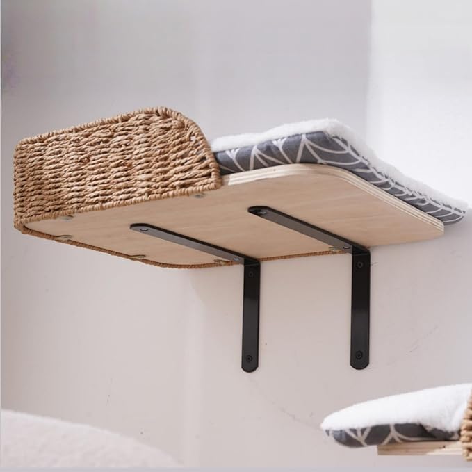 SHENGOCASE Modern Wall Mounted Cat Bed Perch with Handwoven Guardrail, 2-Pack, Wooden Shelves with Washable Pillow Cushions, Wall Furniture Set