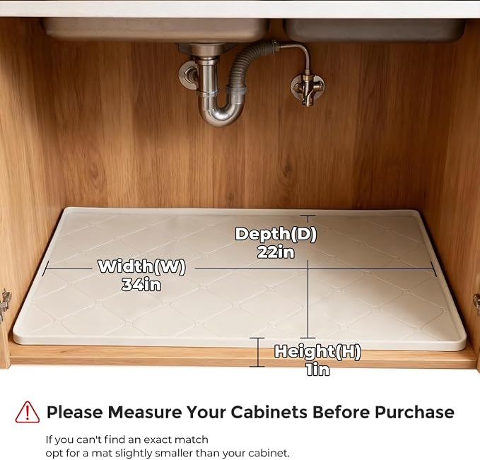 34" x 22" Under Sink Liner and Protector for Bottom of Kitchen Sink Beige, Waterproof Under-Sink Organizers Sink Mat Protectors, Flexible Silicone Drip Tray Pet Food Mats