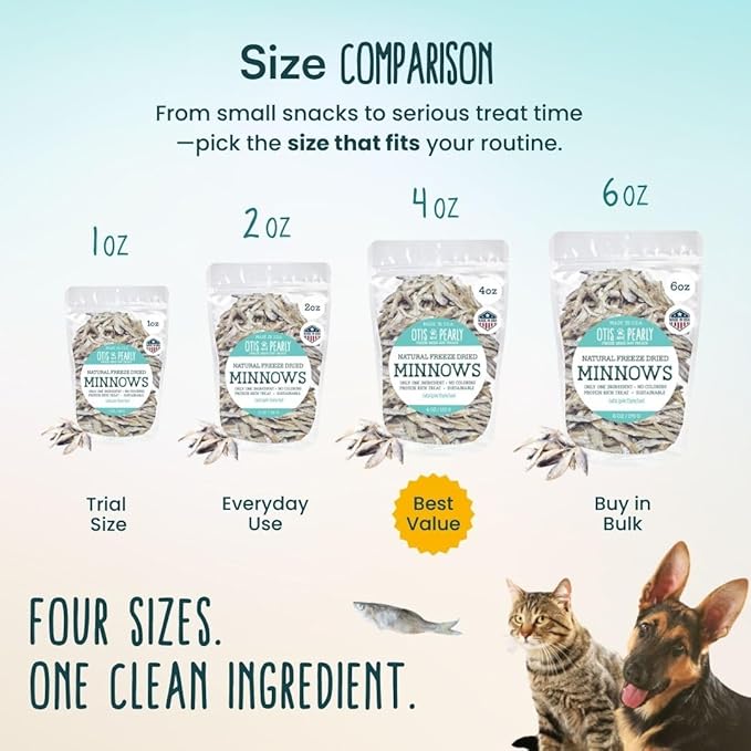 Otis & Pearly Freeze Dried Minnow Dog Treats - Single Ingredient, Made in USA - Healthy Protein Treat for Small, Medium, Large Breeds, Cats (4 oz)