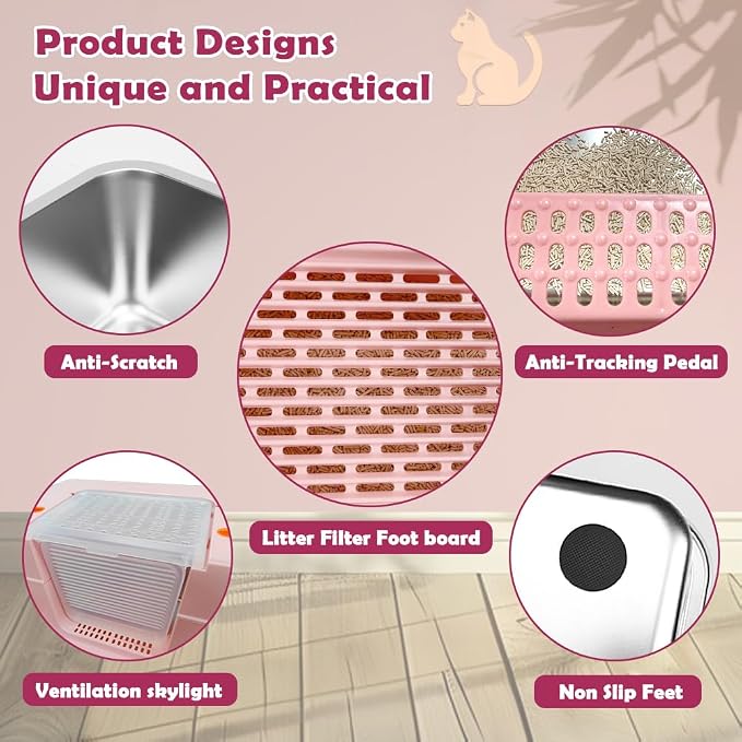 Vivifying Pink Stainless Steel Covered Cat Litter Box – Odor-Control, Easy-Clean Modular Enclosed Kitty Toilet, Elegant Design for Stylish Cat Moms