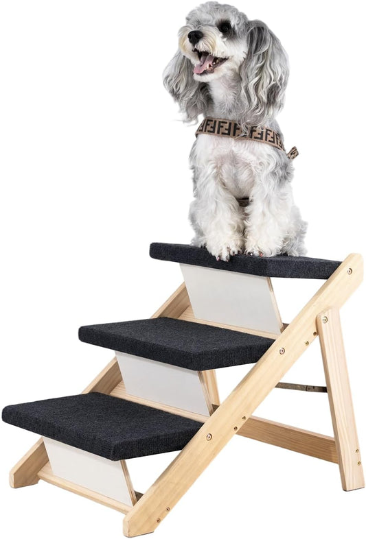 MEWANG Wood Pet Stairs & Ramp for Small/Medium Dogs and Cats, Aging Pets – 3-in-1 Foldable, Portable, Non-Slip Pet Ladder for Tall Beds, Couches,Cars–Holds Up to 220 lbs (24.8" L x 17.2" W x 19.5" H)