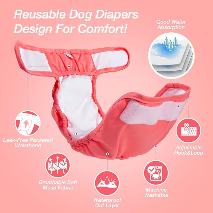 Pet Soft Washable Female Diapers (3 Pack) Female Dog Diapers, Comfort Reusable Doggy Diapers for Girl Dog in Period Heat (Sprightly, L)