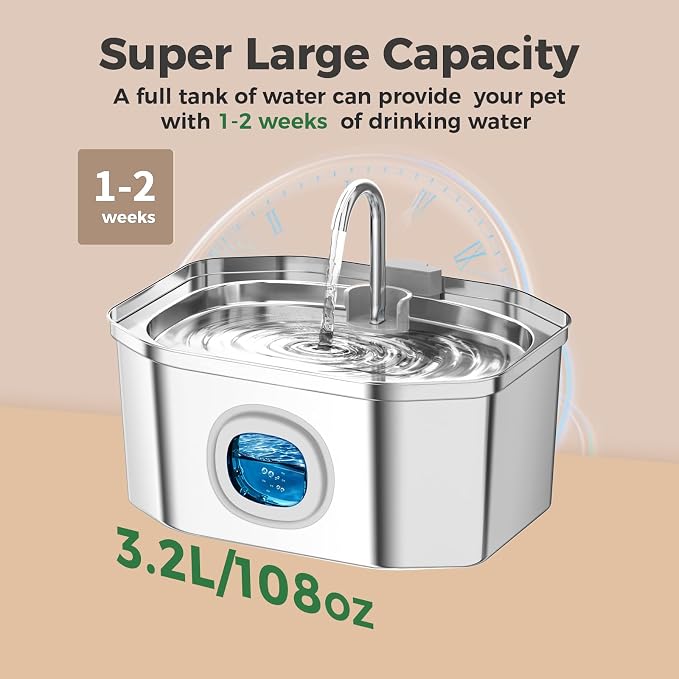 Cat Water Fountain, Apauk 108oz/3.2L Silent cat Water Fountain Stainless Steel, Cat Fountain, Automatic Dog Water Fountain,Controllable Blue Light - (2 Filters& 2 Sponges)
