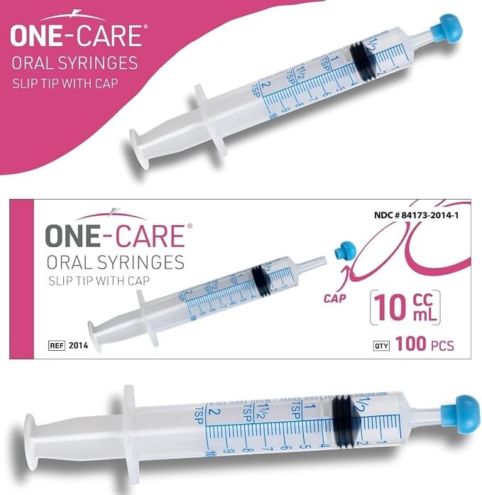 100 Pack, ONE-CARE 10ml Oral Syringe with Cap - Sterile, Individually Wrapped - (100 Syringes 10ml), Slip Tip, Uses include oral administration of medicine for infants, adults and animals