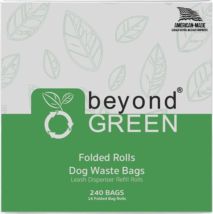 beyondGREEN Dog Waste Bags – Folded Rolls – Made in USA, Leak-Resistant, Extra-Strong - 16 Rolls - 15 Bags per Roll - 240CT