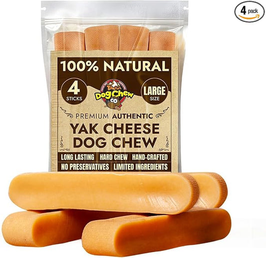 Tibetan Dog Chew Yak Cheese Sticks (4 Large Chews) - Natural Handmade Treats for Large Dogs, Long-Lasting, Easy to Digest with No Additives, Rawhide, Grains, or Gluten, Perfect for Aggressive Chewers