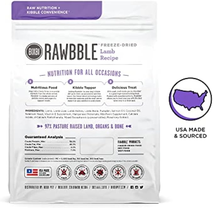 BIXBI Liberty Freeze-Dried Dog Food Topper & Treats, Lamb – 97% Meat & Organs, No Refrigeration – USA Made, 26 oz