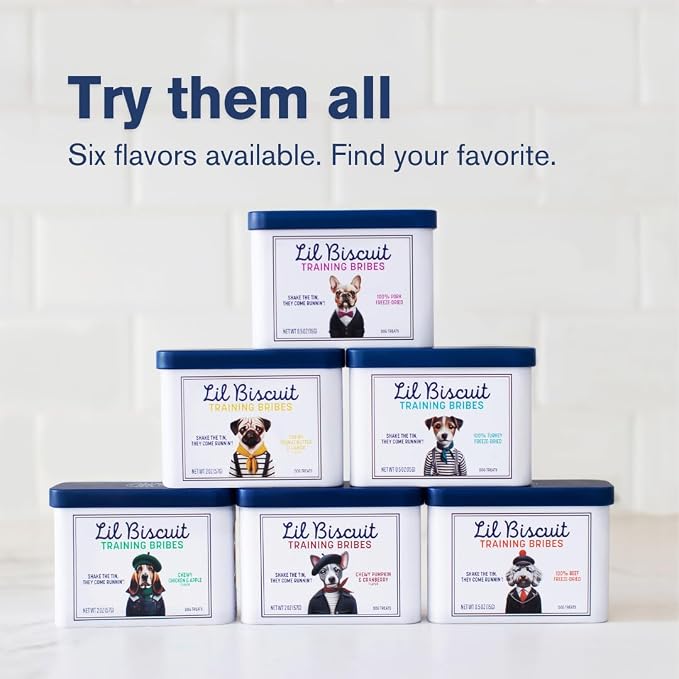 Piper Loop | Lil Biscuit Training Bribes | Pocket-Size Refillable Tin | Chewy | ~20 Treats | Peanut Butter & Carob with Probiotics | 2 oz