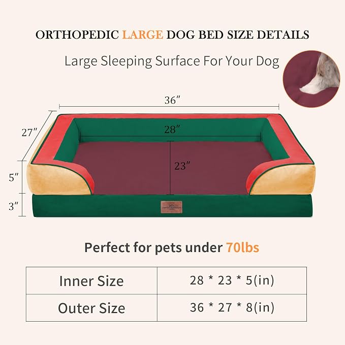 Comfort Expression Orthopedic Dog Bed for Large Dogs 36x27 Inch, Waterproof Egg Crate Foam Large Pet Bed with Bolsters, Dog Couch with Washable Cover & Non-Slip Bottom, Watermelon Meadow