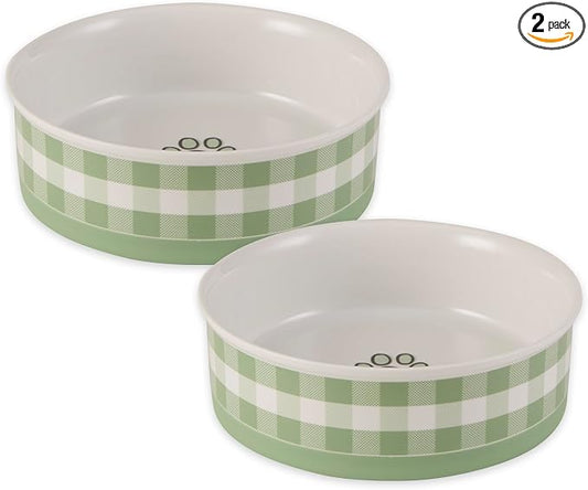 Bone Dry Ceramic Food Bowls, Non-Slip & Dishwasher Safe, Large Set, 7.5x2.4 Desert Sage Check