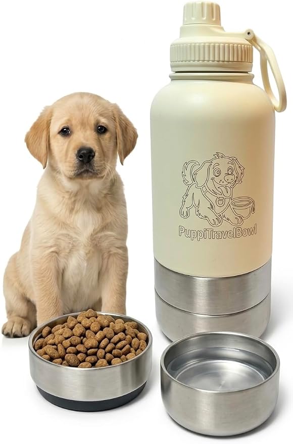 Dog Travel Water Bottle with Bowl – PuppiLovePets 3-in-1 Portable Dog Water Bottle 32oz, Stainless Steel, 2 Detachable Cups, Leak-Proof, BPA-Free – Hiking, Walking & Camping – Ivory