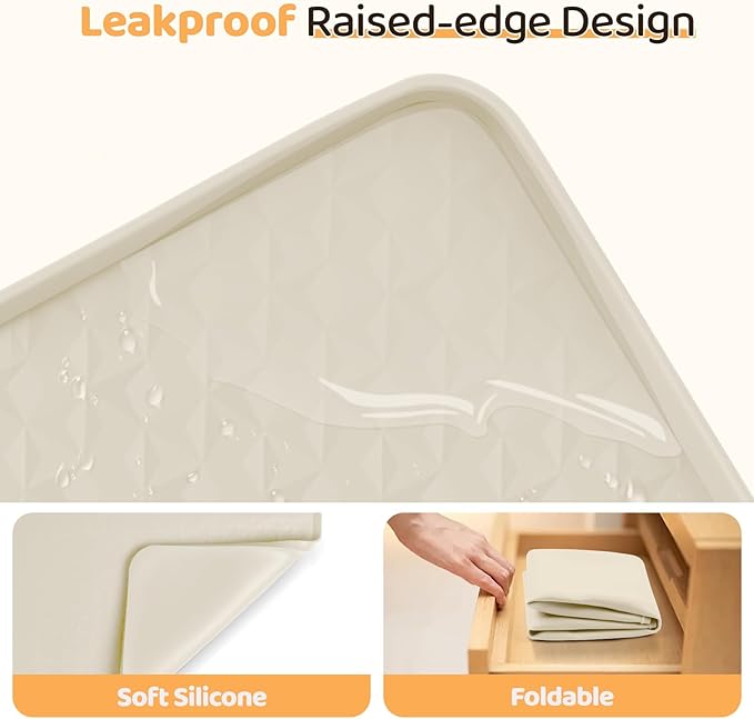 Dog Food Mat, Extra Large 51" x 25.6" Silicone Pet Feeding Mat with Raised Edge Pet Placemat for Small, Medium, and Large Pets Non-Slip, Easy to Clean (Beige)