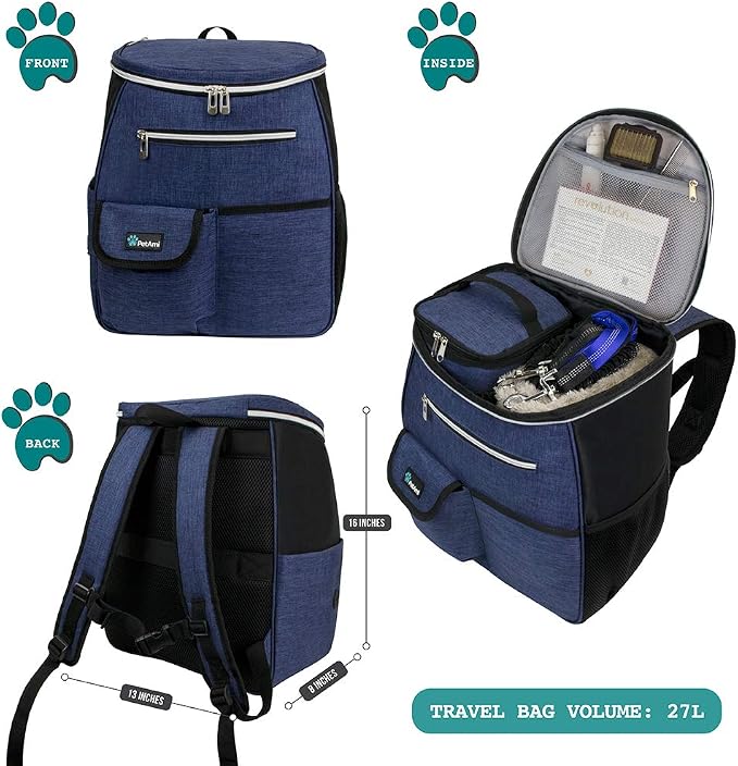 PetAmi Dog Travel Bag Backpack, 27L Airline Approved Pet Supplies Organizer with 2 Food Containers, 2 Collapsible Bowls & Poop Bag Dispenser, Weekend Road Trip Camping Dog Mom Gift, Navy Blue
