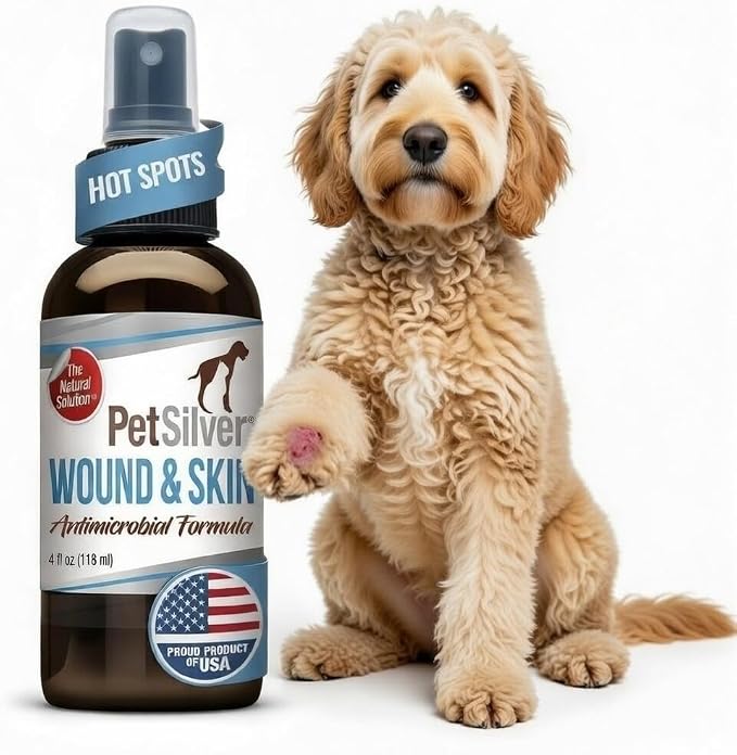 PetSilver Antibacterial Wound & Skin Spray | Dog Hot Spot Treatment & Cat Wound Spray | Chelated Silver Skin Soother for Rashes & Sores | Dog Wound Care & Itch Spray - 4 fl oz