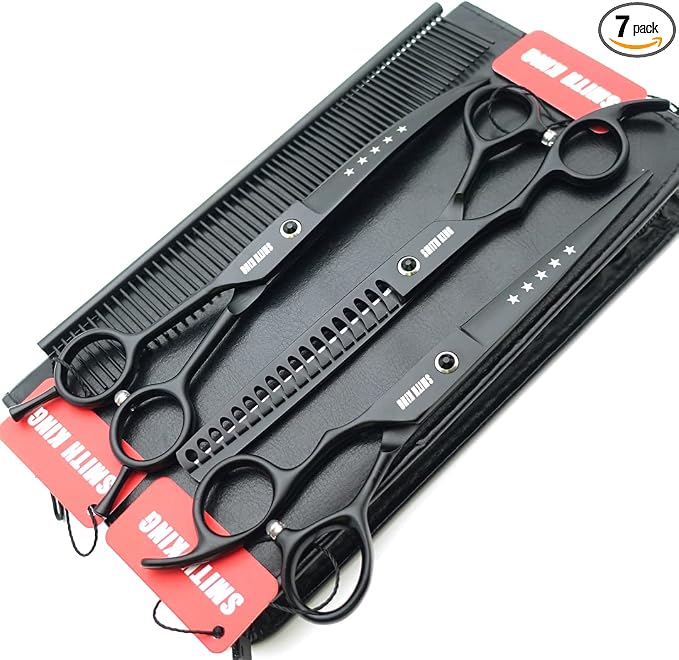 7.0 inches Professional Dog Grooming Scissors Set Straight & thinning & Curved & Chunkers 4pcs/3pcs in 1 Set (with Comb) Right-handed or Left-handed for Dog & Cats (Left-handed 3pcs wih comb)