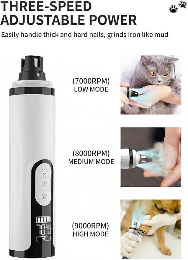 Silent Pet Nail Grinder Pro Dog and Cat Nail Trimmer with LED Light 3-Speed Low Noise Electric Pet Nail Trimmer Painless Paw Grooming Tool for Small Medium Large Dogs Cats, with 2 X Replacement Heads