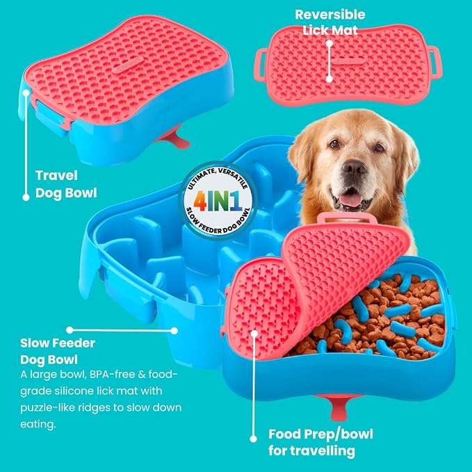 4-in-1 Slow Feeder Dog Bowl with Lick Mat – BPA-Free, Food Grade Silicone, Large Capacity for Large Dogs