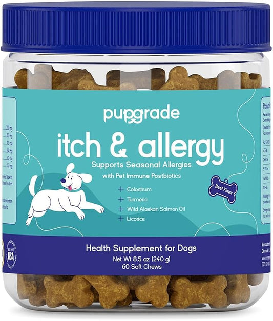 PupGrade Itch & Allergy Soft Chews for Dogs – Helps Reduce Occasional Itching – Skin & Coat Support Supplement with Pet Immune Postbiotics & Salmon Oil – Probiotic Immune & Gut Support – 60 Count