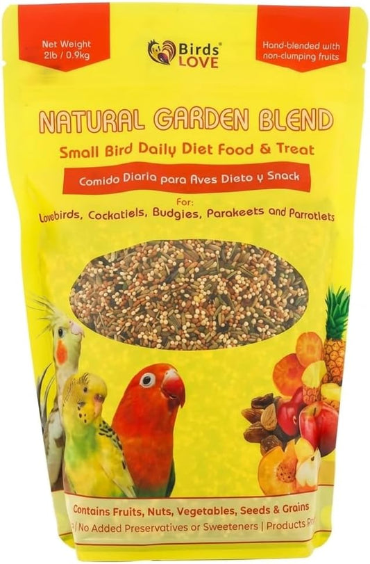 Birds LOVE Natural Garden Blend Bird Food for Small Birds, 2 lb - Hand Packed in USA, Natural Mix with Fruits, Seeds & Grains for Lovebirds, Cockatiels, Budgies & Parakeets