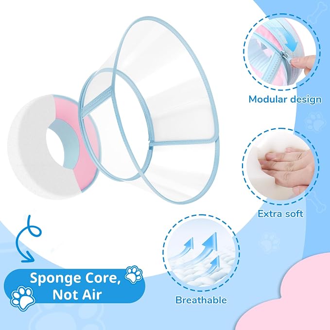 Sponge Core Dog Cone, Inflatable Dog Cone Collar Alternative, Dogs Donut Collar After Surgery, Soft Cone for Large Medium Small Dogs to Stop Licking, No Inflation Required, Clear View(Size 7, Pink)