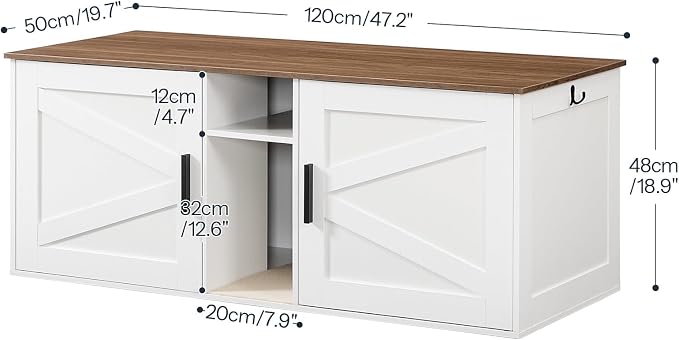 HOOBRO Double Litter Box Enclosure, Modern Cat Litter Box Furniture with Storage and Mat Design, Farmhouse Hidden Litter Box Enclosure with 2 Hooks, White and Walnut WH23MW01