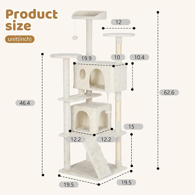 BestOffice 62 Inch Cat Tree, Multi-Level Cat Tower with Condo, Perches, Sisal Scratching Posts, Climbing Ladder,Indoor Activity Center Play House for Kittens & Adult Cats, Beige