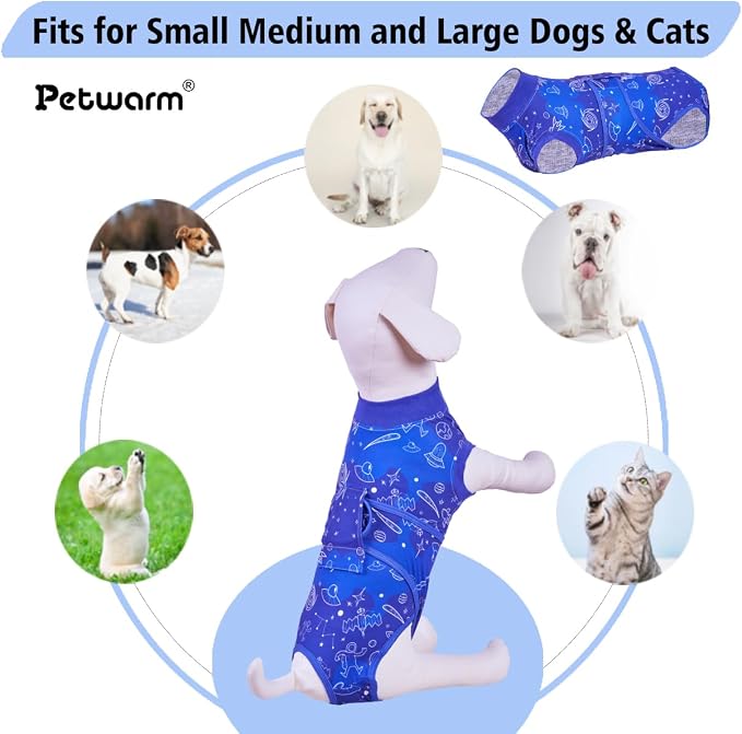 PetWarm Recovery Suit for Dogs, Cone of Shame Alternatives Dog Bodysuit, Professional Dog Abdominal Wounds Bandages Anti-Licking Surgical Suit for Dogs Female Male, Cosmic Pattern, Blue, XL