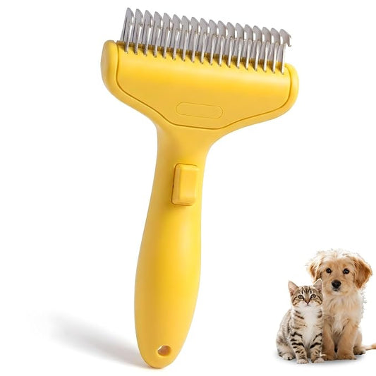 Dog Brush and Cat Deshedding Rake, Pet Grooming Tool for Shedding with Rounded Stainless Steel Teeth, Comfortable Grip for Long or Thick Coats (Style 2 Yellow)