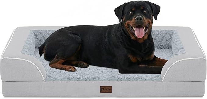 Orthopedic Dog Beds for Extra Large Sized Dogs 48x30 Inch, XL Waterproof Egg Crate Foam Dog Sofa Bed with Removable Washable Cover Big Pet Couch with Bolster & Non-Slip Bottom, Light Grey