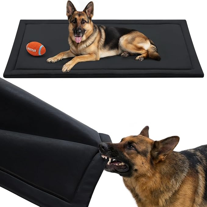 RRPETHOME Indestructible Chew Proof Dog Bed For Aggressive Chewers, Durable Tough Waterproof Dog Crate Mat Pad For Teething Puppies, Heavy Duty Outdoor Kennel Pad For Large Anxiety Dogs, Black 41"x28"