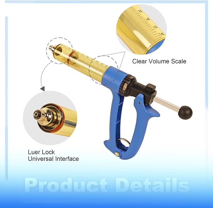 50ML Semi Automatic Livestock Syringe, 5 Gears Dose Accurate Adjustment Cattle Vaccine Gun, Continuous Repeating Luer Lock Veterinary Syringe for Cow Goat Hog Sheep