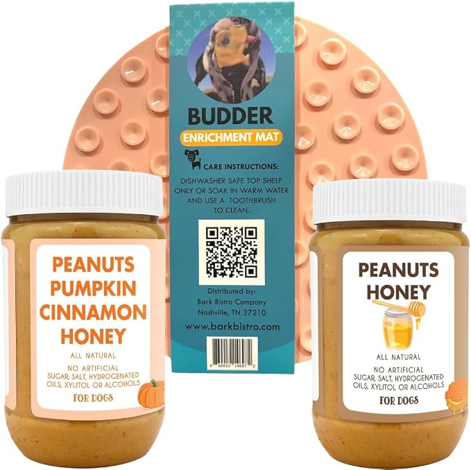 BUDDY BUDDER Pumpkin Pup + Ruff Ruff Raw Red Dog Enrichment Mat Combo, 100% All Natural Peanut Butter, Healthy Dog Treats, Made in USA (Set of 2 / 17oz Jars + Lickmat)