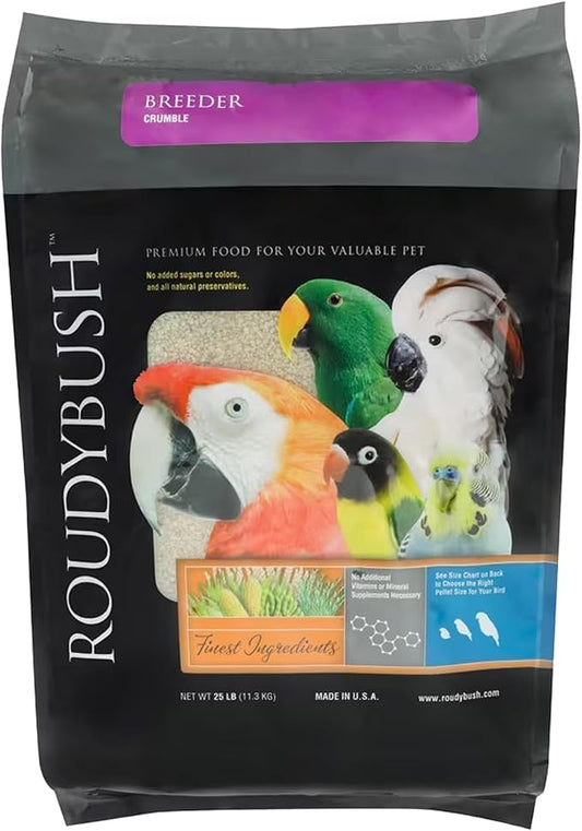 RoudyBush Breeder Food for Breeding & Weaning Birds, Pelleted Diet Made with Corn, Wheat & Soy, Daily Food for Small & Medium Parrots, Crumble Pellet, 25 LB