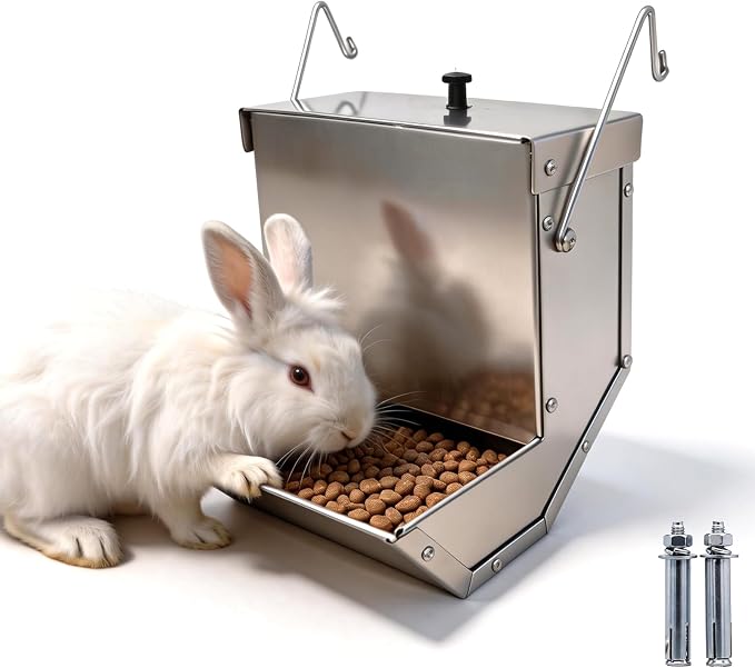 Small Animal Gravity Feeder with Lid - Stainless Steel Anti-Corrosion Durable Large Capacity Food Dispenser for Rabbits, Guinea Pigs, Chinchillas & Other Small Pets for Indoor Outdoor Cage Use (4Lbs)