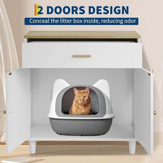 PeakPursuit Hidden Litter Box Enclosure Furniture, 31.5'' Wooden Self Cleaning Litter Box Cabinet with Storage Drawer and Sisal Doors, Corner Cat Kitten Cabinet Side Table White