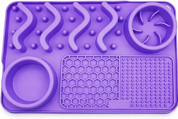 Silicone Dog Feeding Mat with Slow Feeder & Lick Pad for Dogs & Cats – Non-Slip Spill Proof Pet Feeding Mat with Bowl Holder – Dishwasher Safe BPA-Free Silicone – 12 x 8 Inch Purple
