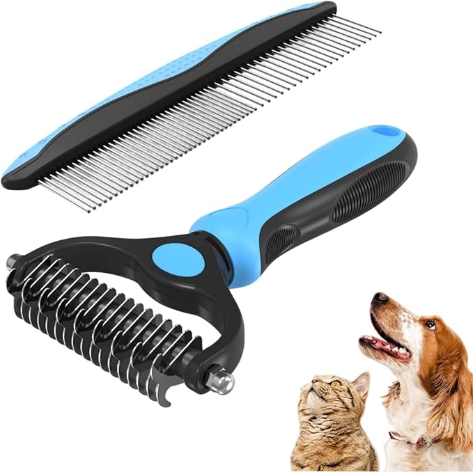 acssart Pet Grooming Brush Double Sided Dematting Comb & Undercoat Rake for Dogs Cats - Long Hair Deshedding Brush (Blue)
