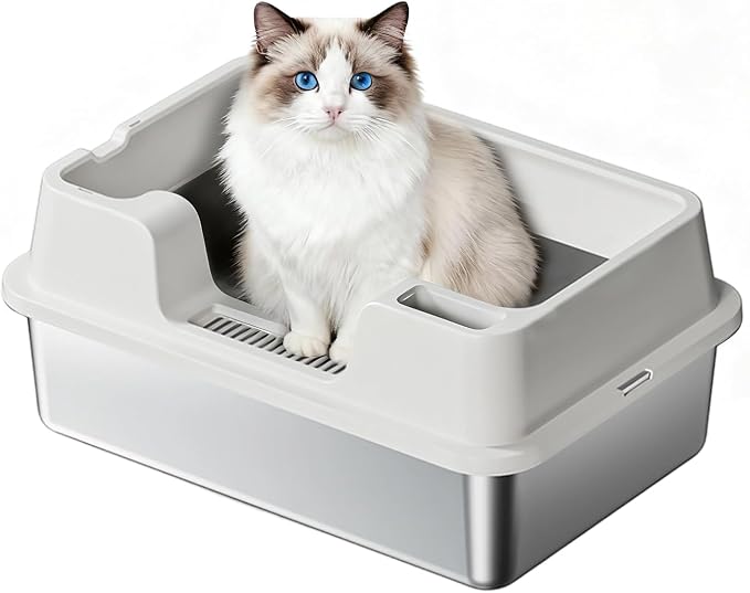 24.6 Inch Large Cat Litter Box, Semi-Enclosed Stainless Steel & PP Pan with High Sides for Anti-Leakage, Flip-Top Lid & Scoop Included for Large Cats-Gray